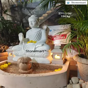 Available 27 Inch, 150 Kg White Marble Stone Buddha Statue With Stone Fountain And Lanterns