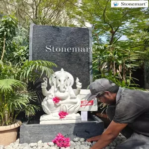 60 Inch Granite Fountain With 29 Inch White Marble Ganesha Idol For Indoor And Outdoor