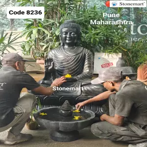 Sold To Pune, Maharashtra 4 Feet Black Marble Buddha Idol With Granite Japanese Lantern And Granite Uruli Fountain