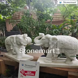 Sold To Ahmedabad, Gujarat 2 Feet, 300 Kg Pair Of White Marble Elephant Statues For Entrance Decor