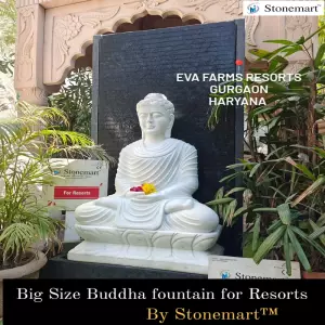 Sold To Eva Farms Resort, Gurugram, Haryana White Marble Buddha Sculpture With Granite Waterfall For Luxury Decoration