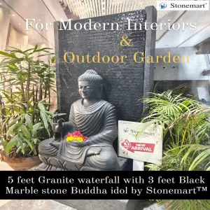 Available Handcrafted 3 Feet Marble Buddha Idol With 5 Feet Big Granite Stone Fountain For Modern Interiors