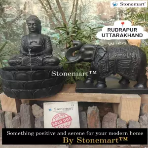 Sold To Rudrapur, Uttarakhand 3 Feet Buddha Fountain With 2.5 Feet Elephant Statue Carved Out Of Black Marble Stone