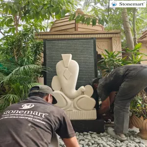 Sold To Nanded, Maharashtra 5 Feet Granite Fountain With 3 Feet Modern Abstract Ganesha Stone Idol For Interior And Exterior