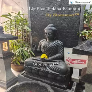 Available 5 Feet Big Size Buddha Water Fountain Carved Out Of Marble And Granite With Granite Lanterns And Urli