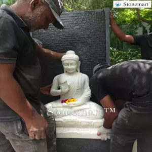 Available 5 Feet Black Granite Fountain With 3 Feet White Marble Buddha Sculpture For Entrance