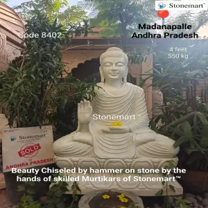 Sold To Chittoor, Andhra Pradesh 4 Feet Abhaya Mudra Buddha Marble Stone Statue For Indoor And Outdoor