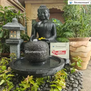 Available 4 Feet Black Marble Bhumisparsha Mudra Buddha Idol With Granite Fountain, Lantern And Stone Vase