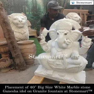 Sold To An Office In Greater Noida, Uttar Pradesh - Placement Of 40 Inch Marble Ganesha Idol On 5 Feet Granite Waterfall