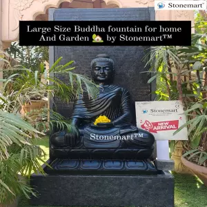 Available Large Size Granite Water Fountain With Serene Black Marble Stone Buddha Idol For Indoor And Outdoor