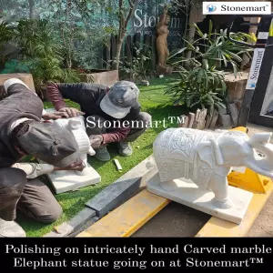 Polishing Intricately Hand Carved White Marble Stone Elephant Statue