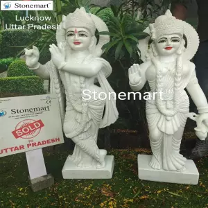 Sold To Lucknow, Uttar Pradesh Handcrafted 38 Inch White Marble Stone Radha Krishna Statue For Home Temple