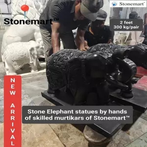 Pair Of 2 Feet, 300 Kg Black Marble Elephant Statues For Indoor And Outdoor