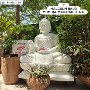 Sold To Mumbai, Maharashtra Hand Carved 4 Feet Big Garden Buddha Statue In White Marble