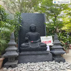 Sold To Erode, Tamil Nadu 5 Feet Granite Waterfall With 3 Feet Marble Buddha Sculpture And Granite Pagoda Lanterns For Outdoor