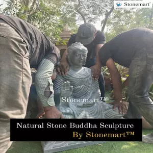 Available 3 Feet Handcrafted Natural Stone Buddha Sculpture With 4 Feet Granite Lantern For Indoor And Outdoor