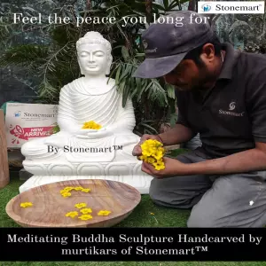 Available 3 Feet Hand Carved Dhyana Mudra Buddha Idol With Sandstone Urli Bowl For Decor