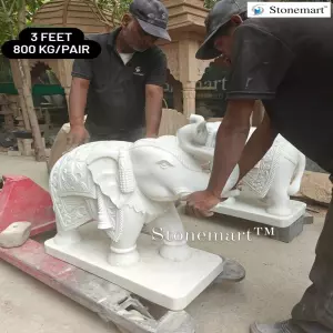Hand Carved 3 Feet, 800 Kg Pair Of White Marble Elephants