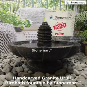 Sold To Pune, Maharashtra 21 Inch Black Granite Urli Bowl Cum Birdbath Fountain For Living Room Decor