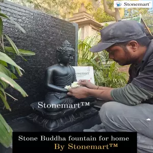 Available 39 Inches Granite Panel Fountain With 2 Feet Black Marble Stone Dhyana Mudra Buddha Statue For Contemporary Decor