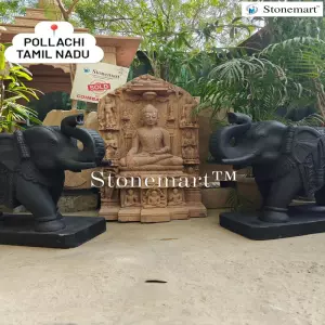 Sold To Pollachi, Tamil Nadu 3 Feet Lifecycle Buddha Sculpture With 2.5 Feet Black Marble Elephant Figurines