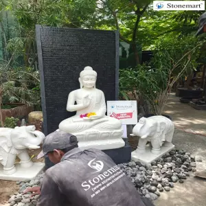 Available 5 Feet Granite Waterfall With 3 Feet Marble Buddha Idol And 2 Feet Marble Elephant Sculptures