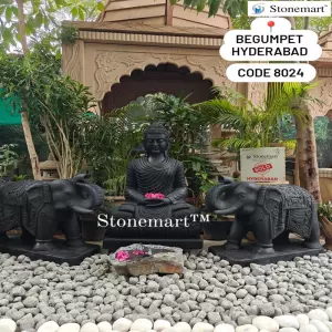 Sold To Hyderabad, Telangana 3 Feet Black Marble Buddha Idol With 2.5 Feet Black Marble Elephants And Stone Urli