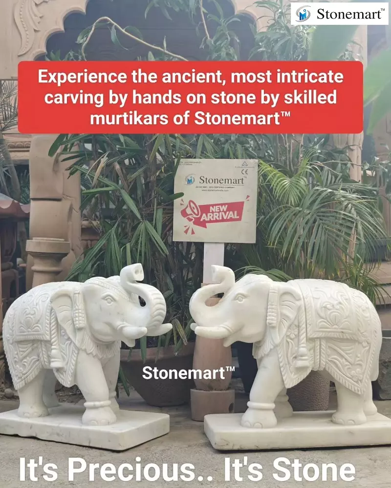 Hand Carved White Marble Stone Elephant Statues