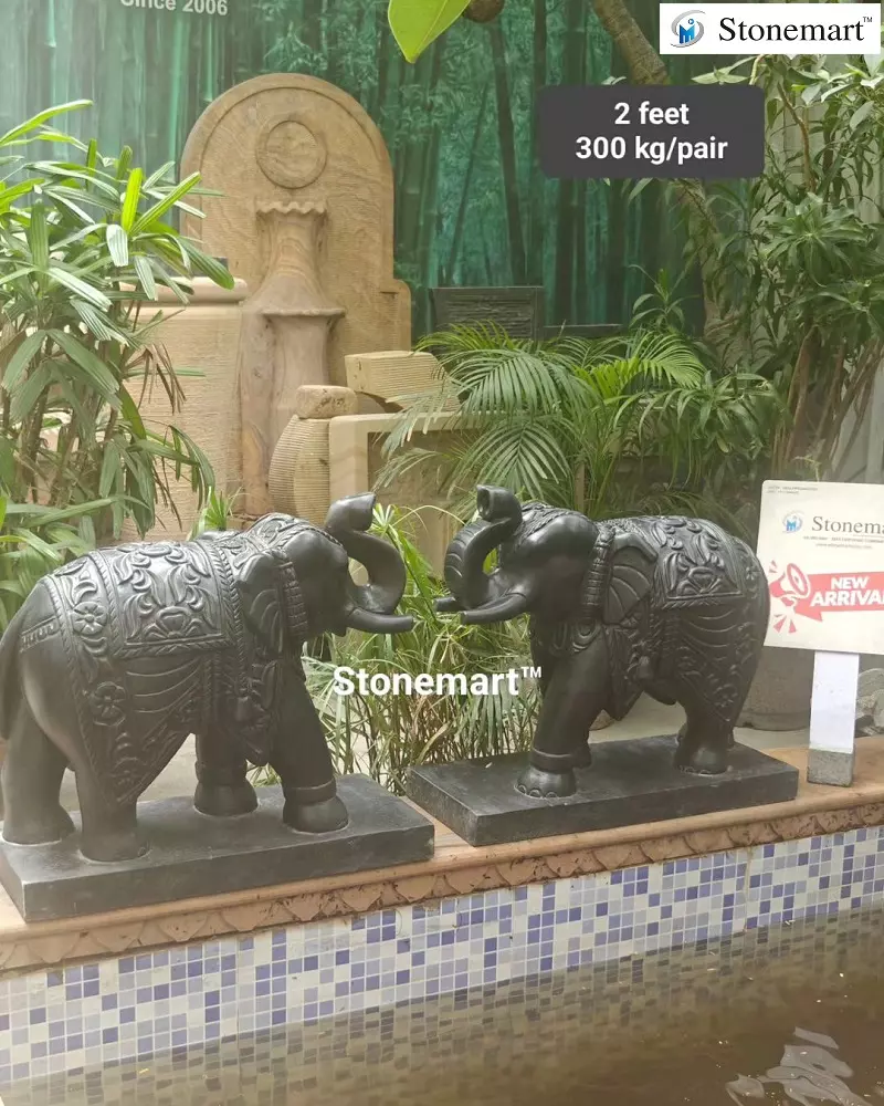 2 Feet Black Marble Stone Elephant Idols